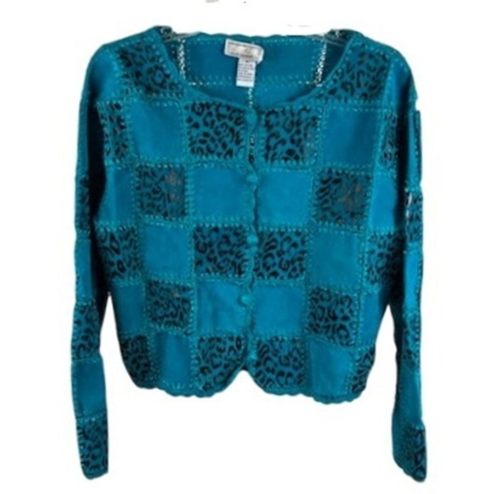 Y2K‎ Vintage S.M.H Suede Leather Jacket Coat Patchwork Leopard Teal Retro Medium